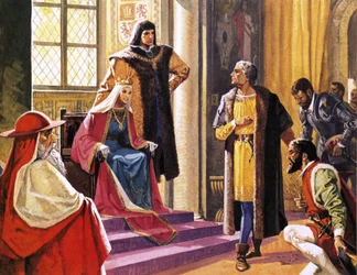Amerigo Vespucci stellt sich vor, Berichte über seine Reisen an Königin Isabella von Spanien zu geben