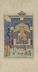 Bahram Gur im Türkisen Palast am Mittwoch, Folio 216 aus einem Khamsa, AH 931/AD 1524-25