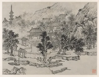 Zwölf Ansichten des Tigerhügels, Suzhou: Fernansicht des Tigerhügels vom Kanalanlegeplatz aus, nach 1490