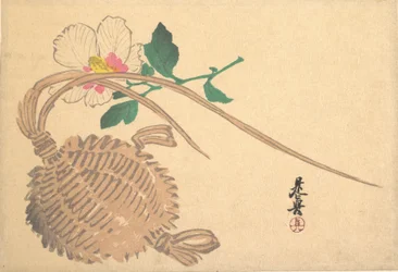 Strohkörbchen für Fische und Mokuge-Blume, ca. 1875