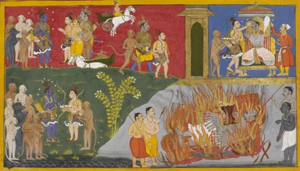 Bibhishana entzündet Ravanas Scheiterhaufen, und Lakshmana bietet Rama Pinda-Kuchen an