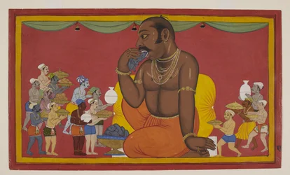 Kumbhakarṇa wird üppig mit Büffel- und Affenfleisch gefüttert