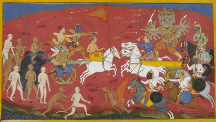 Ramas und Rāvaṇas Streitwagen stürmen, Rāvaṇas Pferde verwandeln sich in Löwen