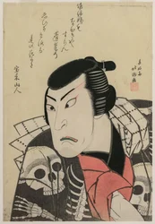 Schauspieler Ichikawa Ebijūrō I als Tōken (China Dog) Jūbei, im Stück Rot und Lila, Reiche Farbstoffe von Osaka (Benimurasaki ai de someage)