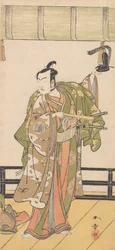 Arashi Sangoro als Samurai auf der Veranda eines großen Hauses stehend, 1774 oder 1775
