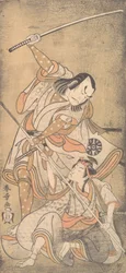 Der Schauspieler Nakamura Nakazo mit einem Schwert, kämpfend gegen den Schauspieler Ichikawa Raizo II