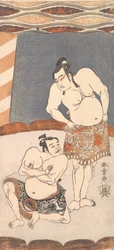 Der zweite Ichikawa Yaozo als Wrestler in einer Arena stehend