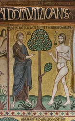 Die Palatinkapelle (Basilika), Mosaikzyklus des Alten Testaments, Zyklus der Schöpfung: "Gott führt Adam in Eden ein", 12. Jahrhundert