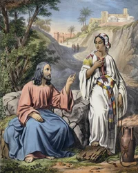 Christus und die Frau von Samaria am Jakobsbrunnen (kolorierte Gravur)