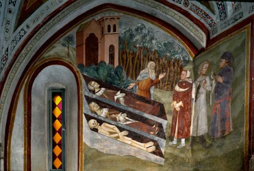 Begegnung der Toten mit den Lebenden (Detail). Fresko der Schule von Siena. 14. Jahrhundert. Kloster von San Benedetto (Sacro Speco), Treppenhaus, Subiaco (Rom), Italien