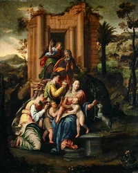 Die Heilige Familie umgeben von Heiligen
