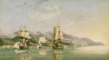 Angriff auf einen Konvoi von achtzehn französischen Handelsschiffen bei Laigrelia und Alassio, 27. Juni 1812, frühes 19. Jahrhundert