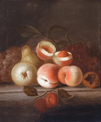 Stillleben mit Pfirsichen und anderem Obst