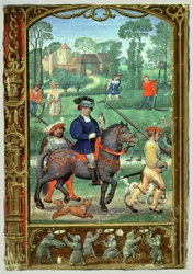 Juli: Falknerei, Heuernte und Schmetterlingsjagd, aus einem Stundenbuch, oder dem Golfbuch, ca. 1520-30