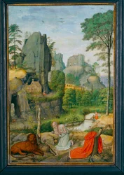 Landschaft mit dem reuigen Heiligen Hieronymus und der Heilung des Löwen