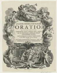 Minerva krönt einen jungen Mann mit einer Urkunde Titelblatt für: J.G. Slegt, Oratio, qua adseritur, Nimrodum falso patrem Nini (...), 1747