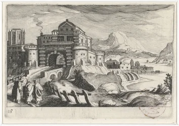 Emmausjünger vor einem Stadttor in einer Berglandschaft