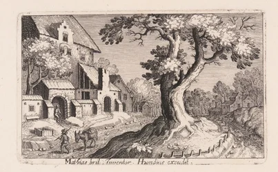 Mann mit einem Esel, der an einem Dorf vorbeigeht, aus Topographia Variarum Regionum