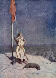 Der Ritter hält Wache auf dem St. Georgsberg mit dem Banner Englands, Illustration aus 