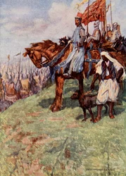 Der Löwenherz auf dem Pferd, neben ihm der nubische Sklave mit einem Hund an der Leine, Illustration aus 