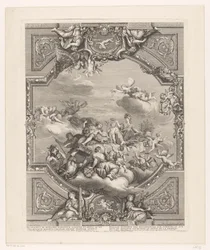 Deckenmalerei in Versailles: Apollo verteilt Belohnungen an Künste und Wissenschaften, Minerva krönt das Genie Frankreichs