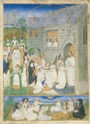 Die heiligen Jungfrauen werden von Christus begrüßt, als sie die Tore des Paradieses betreten