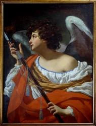 Der Engel, der den Speer trägt, nachdem er das Herz Christi durchbohrt hat, und der in Essig getränkte Schwamm