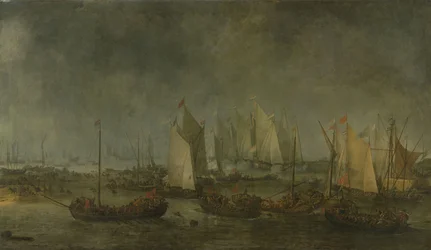 Die Schlacht auf dem Slaak zwischen den niederländischen und spanischen Flotten in der Nacht vom 12. auf den 13. September 1631
