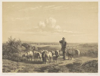 Hirte mit seinen Schafen auf der Heide