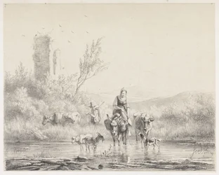 Frau auf Esel und ihre Herde