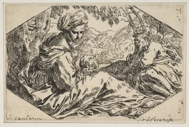 Ruhe in Ägypten, Maria hält und betrachtet das Jesuskind, während St. Joseph, ca. 1637-1639
