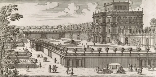 Ansicht der Seitenfassade des Palazzo Pamphili und seines Gartens, nach 1677
