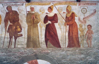 Der Tod mit dem Lahmen, der Nonne, der jungen Frau, der alten Frau und dem Kind, Detail aus dem Totentanz