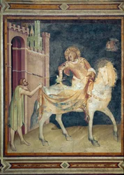 Der heilige Martin teilt seinen Mantel mit einem Bettler. Fresko von Simone Martini (1282-1344). 1315. Untere Basilika des Heiligen Franziskus von Assisi, Kapelle des Heiligen Martin.
