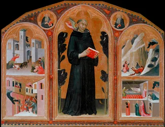 Der italienische Mönch Agostino Novello, genannt Panormitano, und die Darstellung von vier seiner Wunder. Von links nach rechts und von oben nach unten: das Kind wird von einem Wolf angegriffen, der Ritter stürzt in die Schlucht, das Kind fällt vom Balkon,
