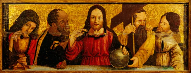 Das letzte Abendmahl, Detail aus der Predella eines Polyptychons von Simone da Firenze, Malerei auf Holz, Kirche der Heiligen Peter und Paul, San Chirico Raparo, Potenza, Italien (Detail)