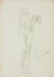 Stehender Mann mit Tafel; separate Skizze des rechten Arms