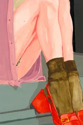 Bunte Beine mit roten Schuhen