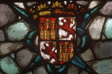 Ein Wappen mit zwei Burgen und zwei steigenden Löwen