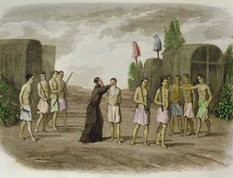 Ein indigener Sklave des Tupinamba-Stammes wird von einem Jesuitenpriester in der Nähe von Bahia im Jahr 1550 getauft
