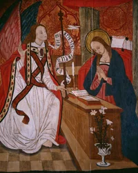 Verkündigung, Tafel aus der Kirche San Andres von Tortura, spätes 15. Jahrhundert - frühes 16. Jahrhundert (bemaltes Holz)
