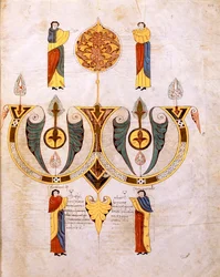 Kolophon der Westgotisch-Mozarabischen Bibel von St. Isidores, mit Porträts der beiden Miniaturisten Florencio und Sancho, fol.514r., 960 n. Chr. (Tempera auf Pergament)