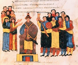 David wird vor dem Volk von Juda zum König ausgerufen, aus der Westgotisch-Mozarabischen Bibel von St. Isidores, fol.125r., 960 n. Chr. (Tempera auf Pergament)