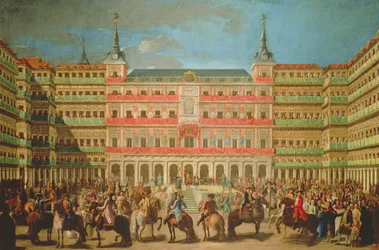Dekoration der Plaza Mayor für den Einzug von Carlos III. in Madrid
