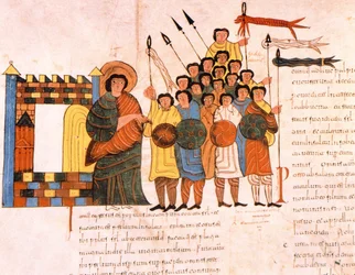 Abreise der Armee von König David in den Krieg, aus der Westgotisch-Mozarabischen Bibel von St. Isidores, fol.131v., 960 n. Chr. (Tempera auf Pergament)