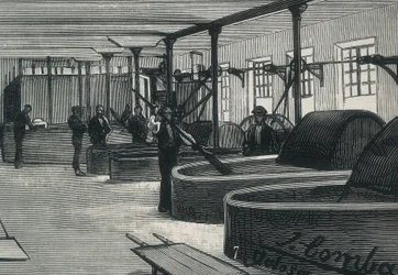 Wirtschaft (19. Jahrhundert). Papierfabrik in Spanien „La Guipuzcoana“. Zylindersaal und Wäscherei der Fabrik in Tolosa (Guipuzcoa). Gravur
