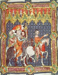 Alfons VII. (1105-57) und seine Frau, Berenguela von Barcelona, werden zum Erzbischof geführt, aus einem Manuskript, das die Krönungen der Könige von Aragon und Kastilien darstellt