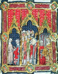 Fol. 13r: Krönung der Könige von Aragon und Kastilien: Alfons VII. (1105-57) bringt in Anwesenheit des Erzbischofs von Toledo goldenes Brot dar, aus dem Libro de los Testamentos