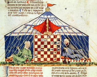 Fol.62v Zwei Araber spielen Schach in einem Zelt, aus dem Buch der Spiele, Schach, Würfel und Bretter, 1282