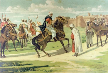 General Muza Ibn Nusayr peitscht seinen Stellvertreter Tarik aus, weil er während der Eroberung von Andalusien und Extremadura seine Befehle missachtete (Farblithografie)